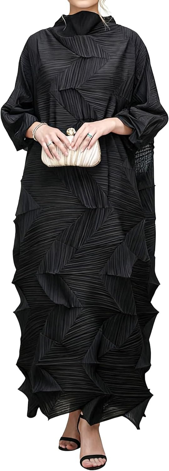 Plus Size Dresses for Women Round Neck Half Sleeve Wrinkle-Free One Size Casual Pleated Design Dresses Black