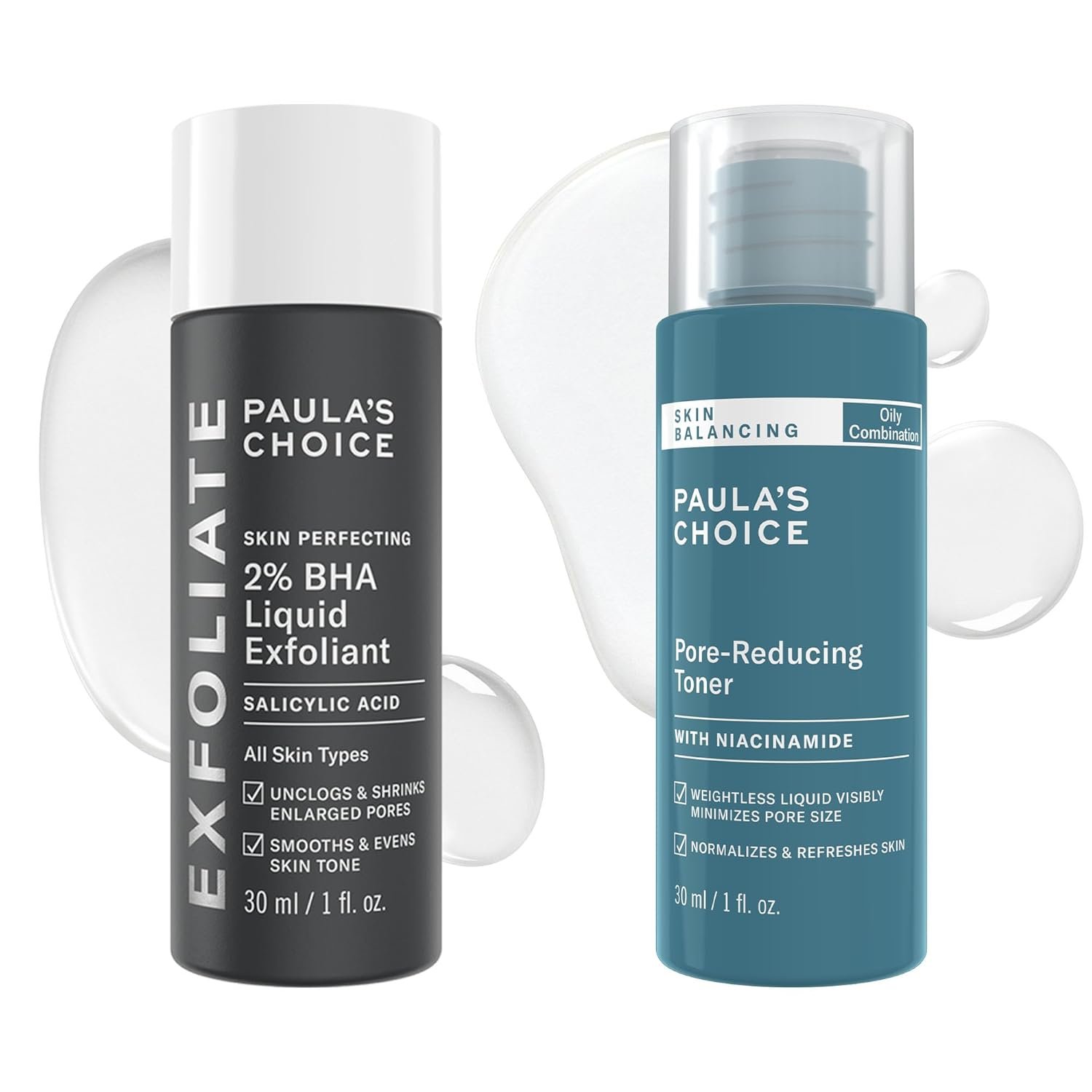 Paula’s Choice SKIN PERFECTING 2% BHA Liquid Exfoliant, Salicylic Acid Facial Exfoliator for Enlarged Pores, Travel Size 1oz & Skin Balancing Pore Reducing Face Toner with Niacinamide, 1oz