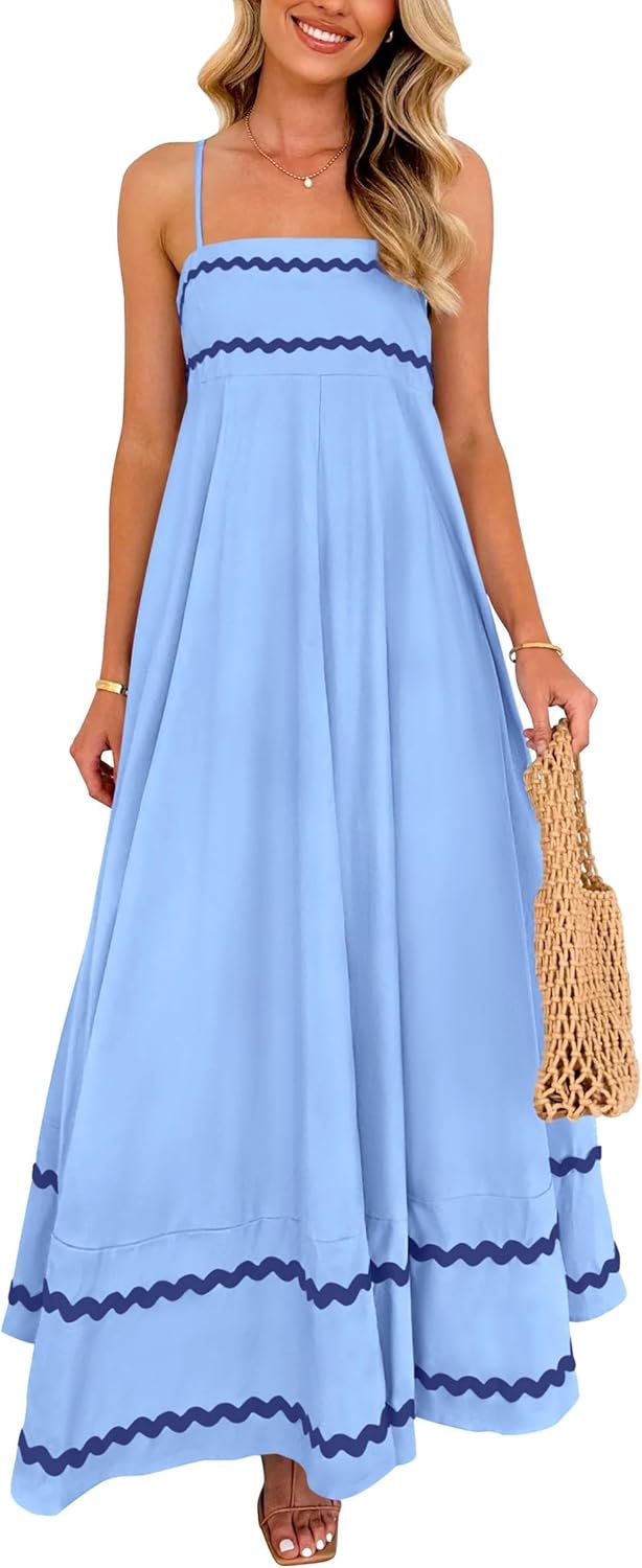 PRETTYGARDEN Women’s 2025 Summer Flowy Maxi Dress Casual Sleeveless Spaghetti Strap Ruffle Beach Long Dresses