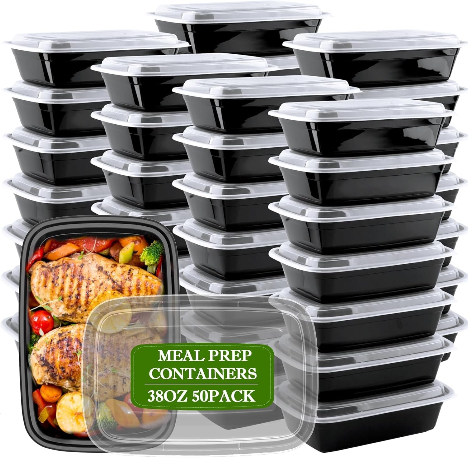 Meal Prep Containers Reusable 38oz – Food Prep Containers with Lids 50 Pack, Disposable To Go Food Containers, Leakproof, Stackable, Takeout, BPA-Free, Microwave/Freezer Safe