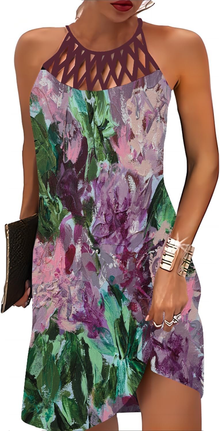 BIRW Summer Dresses for Women 2025 Casual Floral Halter Neck A-line Beach Vacation Sundresses with Pockets