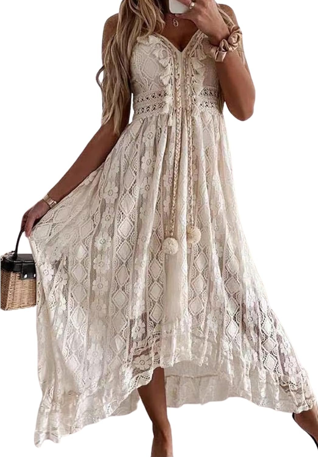 CUPSHE Women’s Summer Dresses Sleeveless Lace Casual Tassel Beach Spaghetti Straps Flowy Maxi Sun Dress