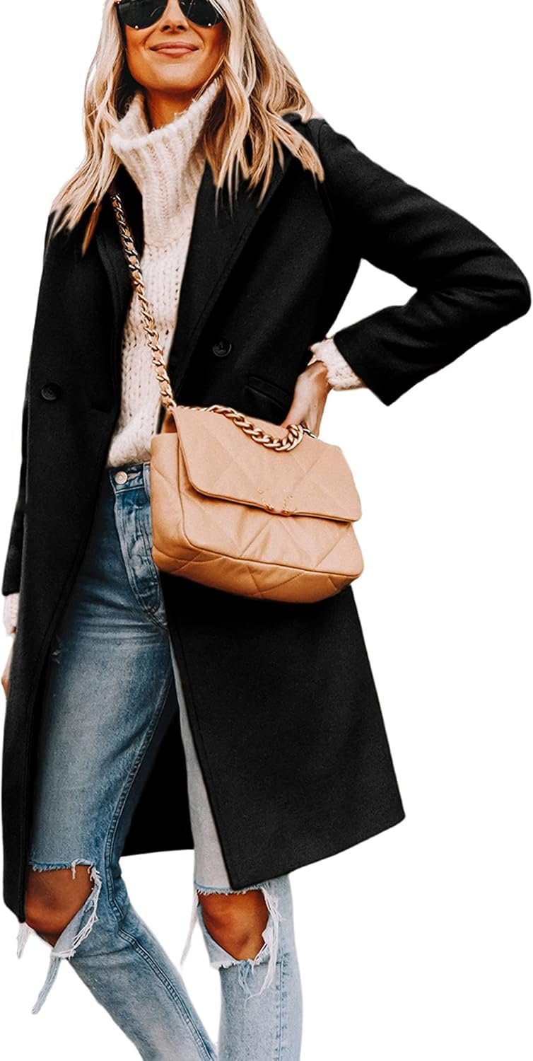 Hooever Women’s Winter Wool Coat Casual Notch Lapel Single-Breasted Peacoat