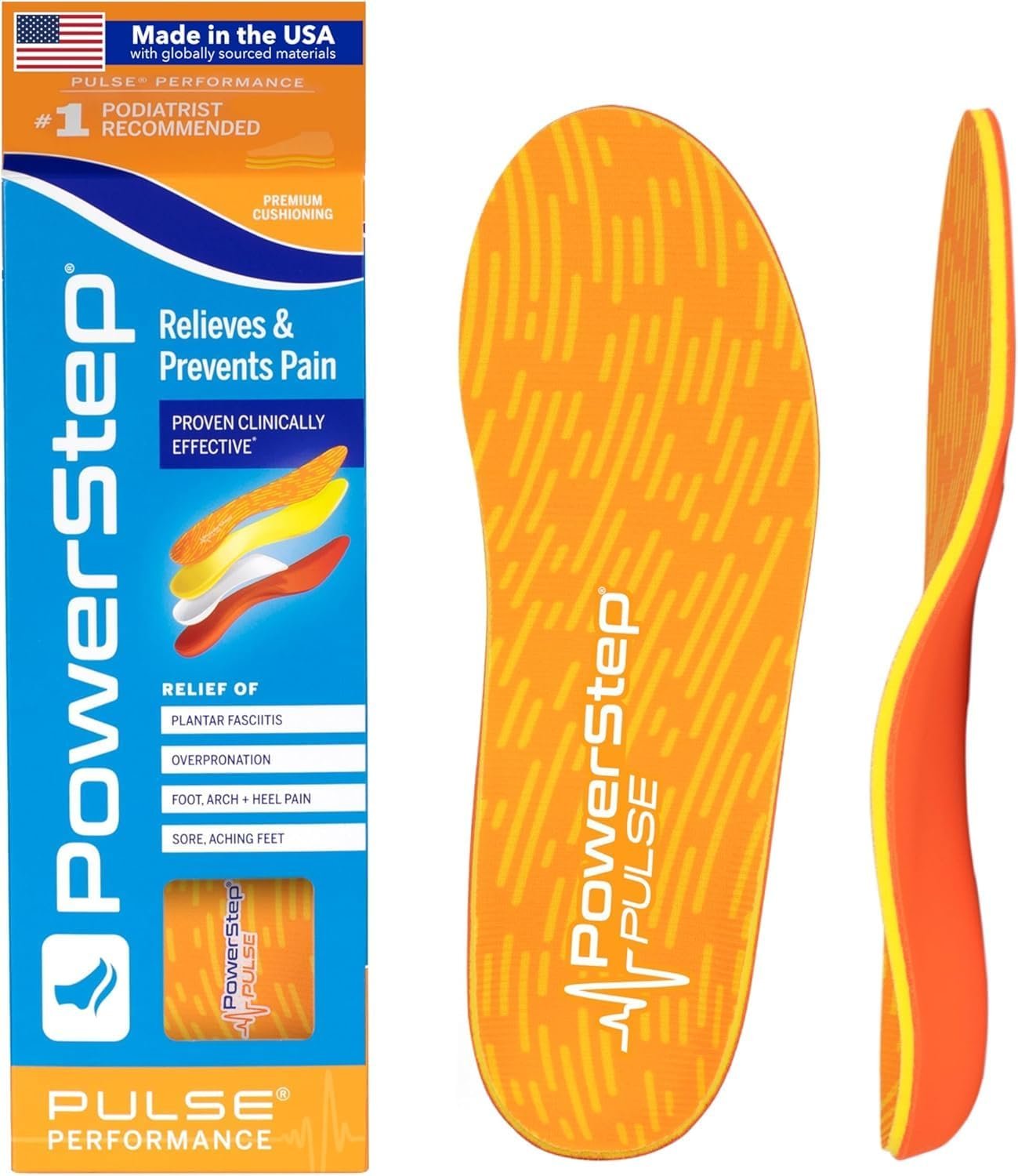 PowerStep Insoles, Pulse Performance, Running Shoe Pain Relief Insert, Athletic Arch Support Orthotic for Women and Men – Made in The USA (M 7-7.5, F 9-9.5)