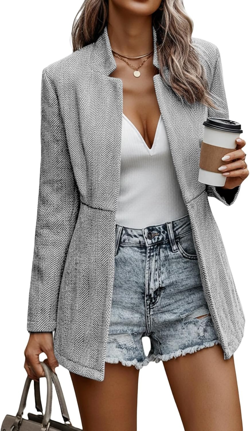 Mina Self 2025 Fall Winter Women’s Herringbone Blazer Jackets – Notch Lapel Open Front Long Business Casual Trendy Coat