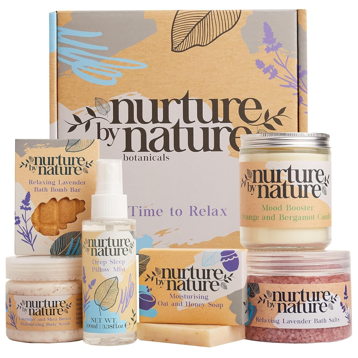 NURTURE BY NATURE Relax & Calm Christmas Gift Basket – Spa Gifts for Women with Bath Bomb, Hand Cream, Lavender Pillow Mist & Scented Candle – Stocking Stuffers, Holiday Gifts, Gifts for Mom