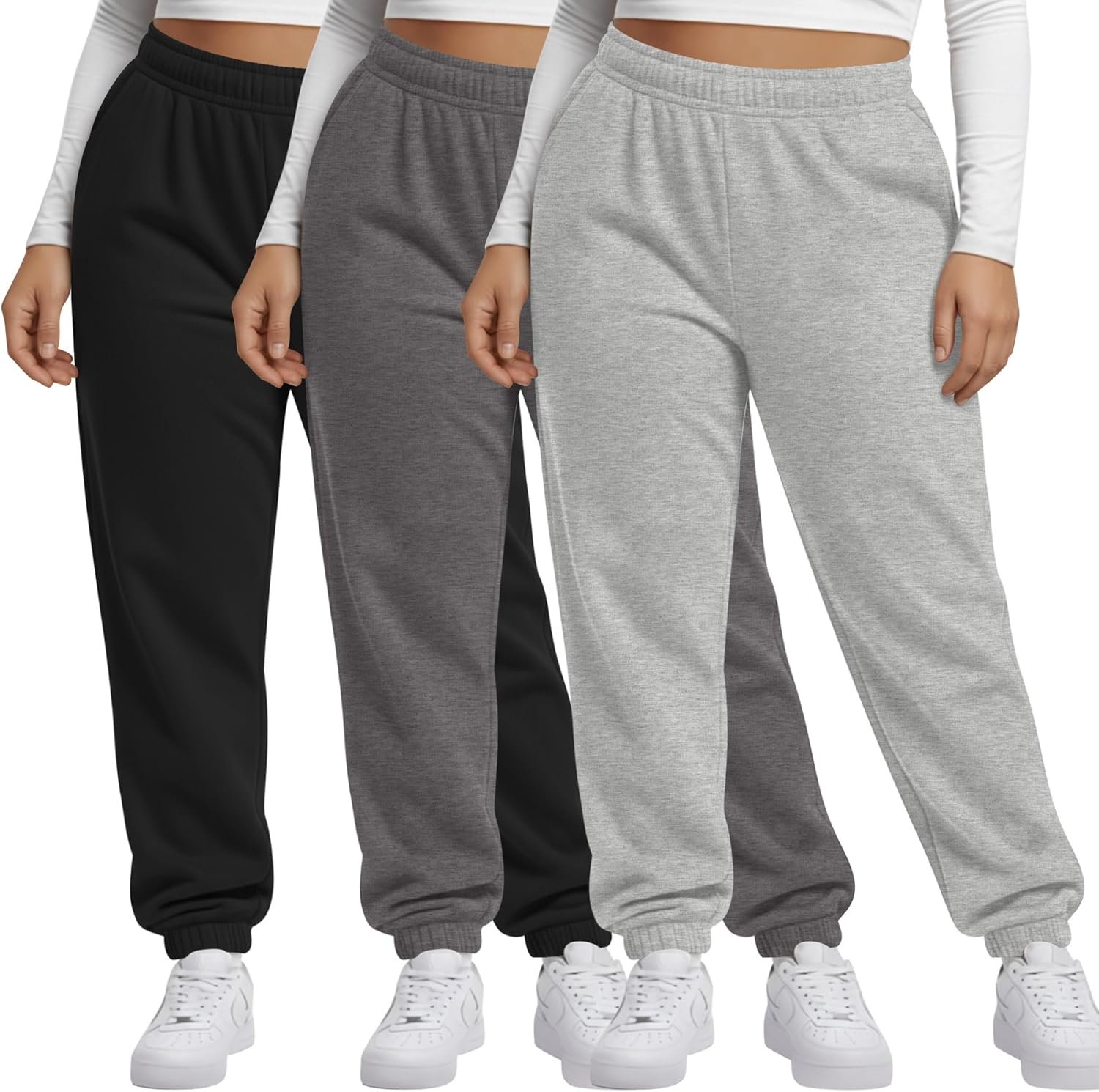 3 Pack Women’s Plus Size Sweatpants Lightweight Athletic Joggers Drawstring High Waisted Lounge Pants with Pockets