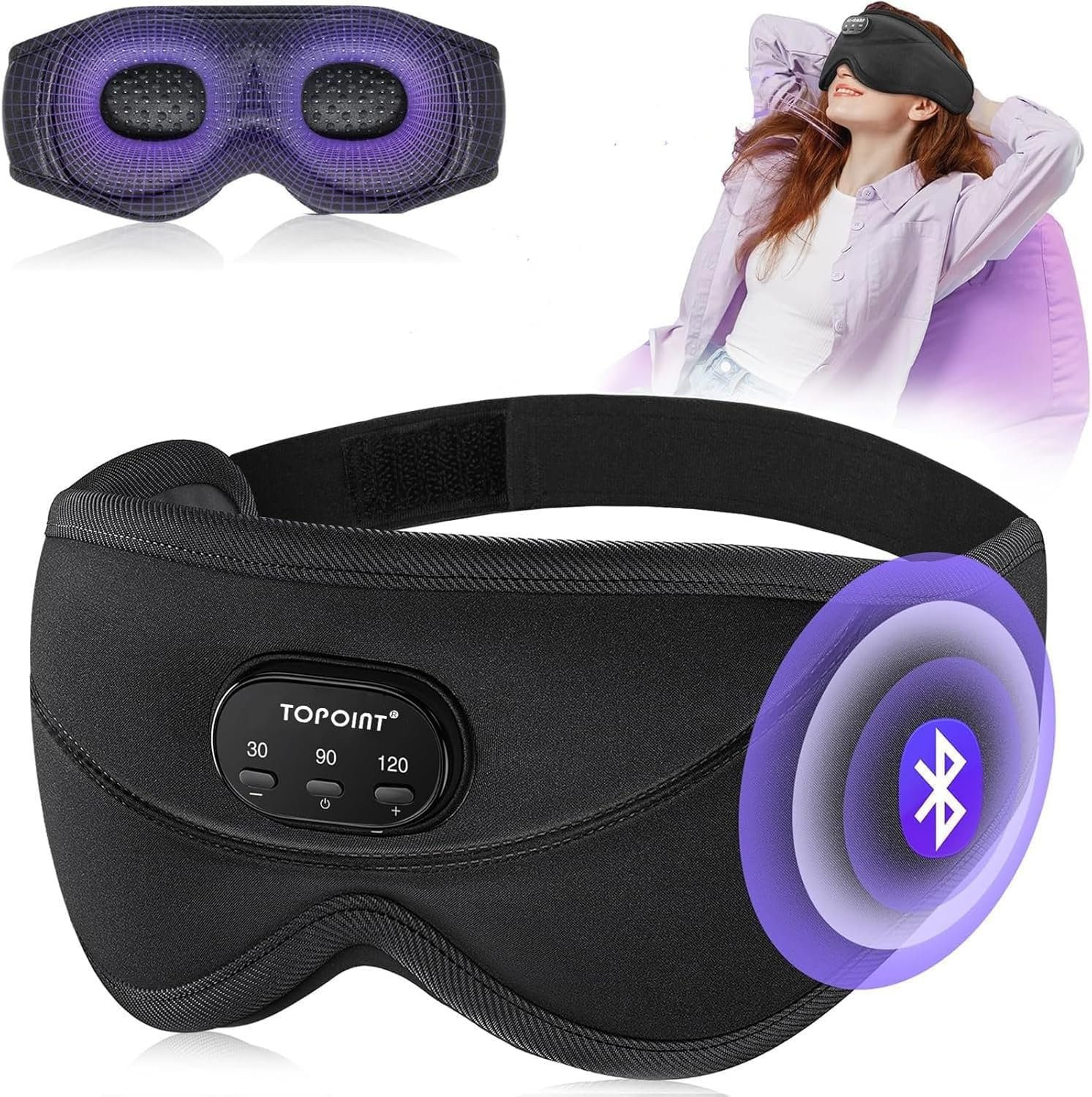 TOPOINT Sleep Mask with Bluetooth Headphones, 3D Eye Mask for Sleep Headphones with White Noise, Total Blackout, 5.4 Bluetooth, Timer, 15 Hours for Women Men, Travel, Meditation, Nap, CPAP Users