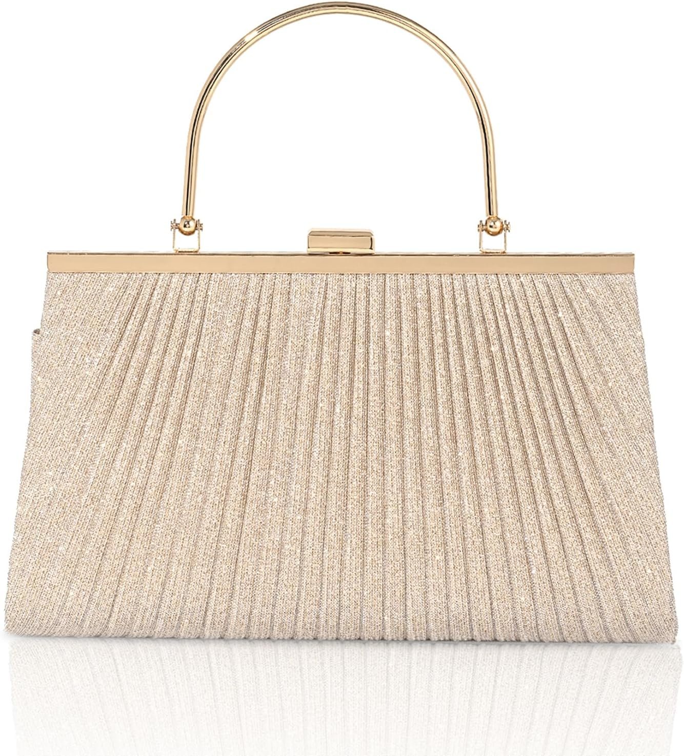 Evening Bag for Women Sparkly Handbag with Chain, Women’s Shoulder Bag Pleated Clutch Purse for Wedding, Prom, Party