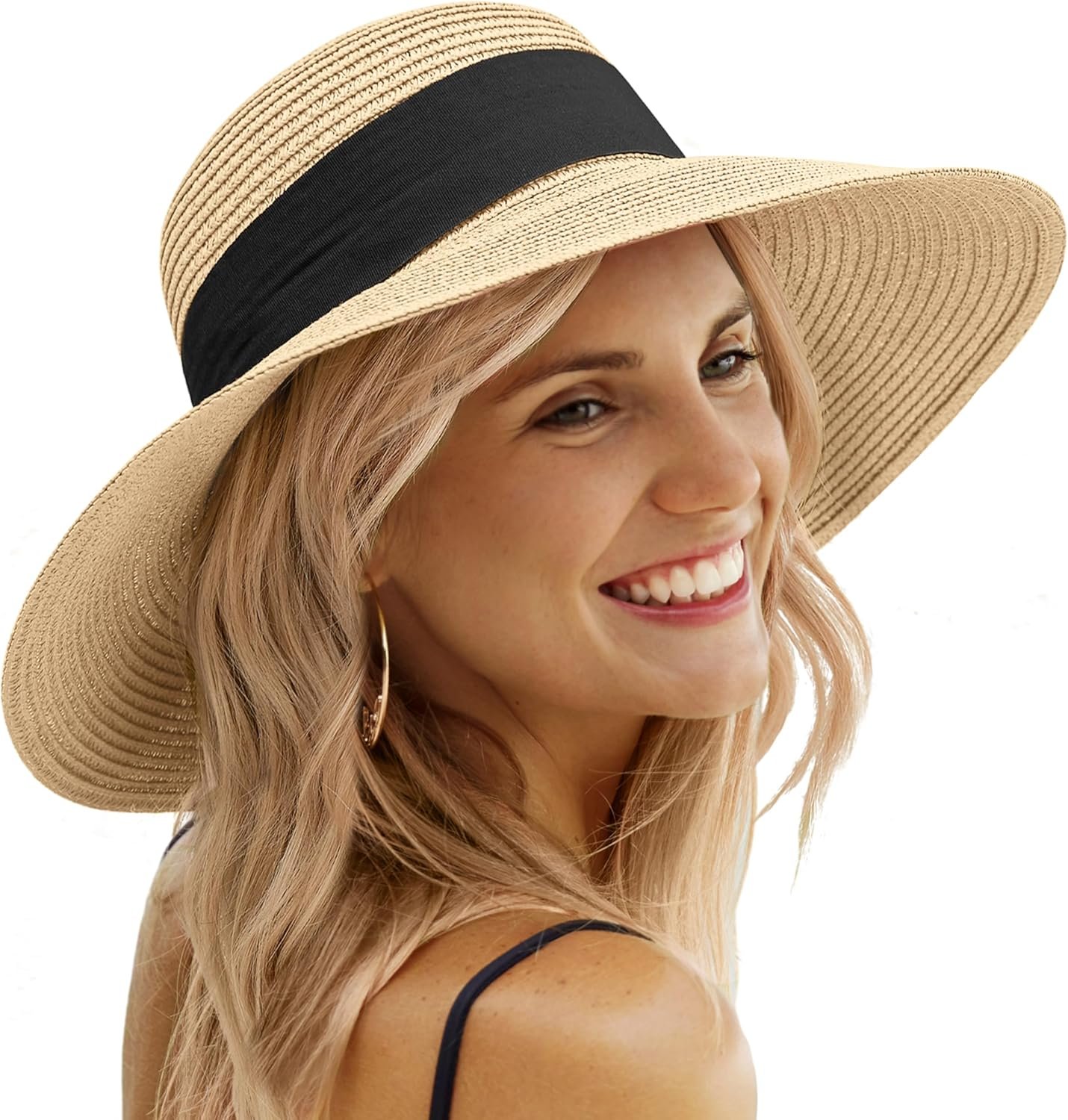 Sun Beach Hats for Women,Wide Brim Straw Hats Womens with Chin Strap, Foldable Woven Sun Hat UV Protection