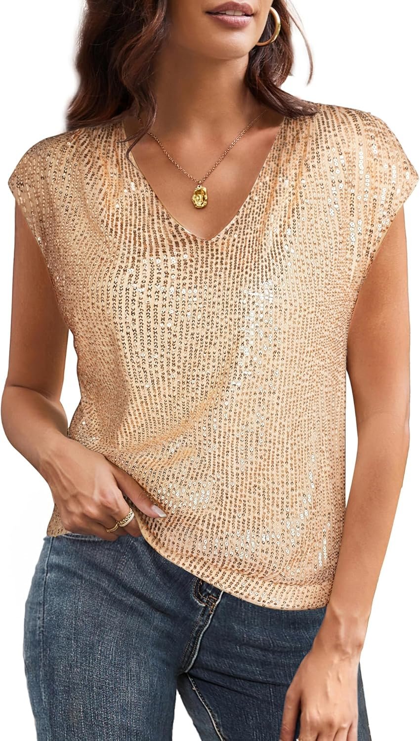 GRACE KARIN V Neck Sequin Short Sleeve Tops for Women Elastic Sparkly Tank Top for Party