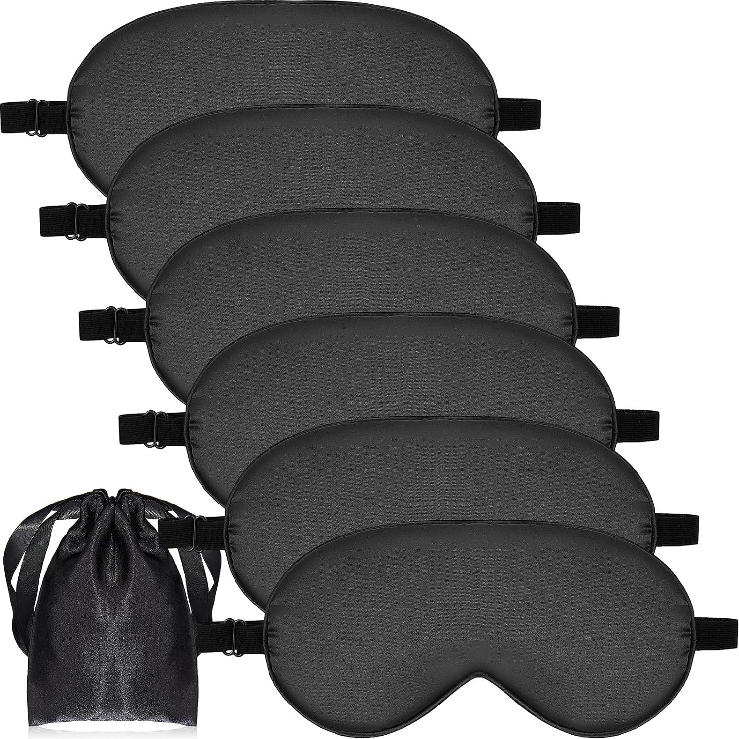 6 Pieces Natural Silk Sleep Mask Soft Eye Mask Adjustable Strap Blindfold Eyeshade Smooth Comfortable Eye Cover with Bag for Sleeping(Black)
