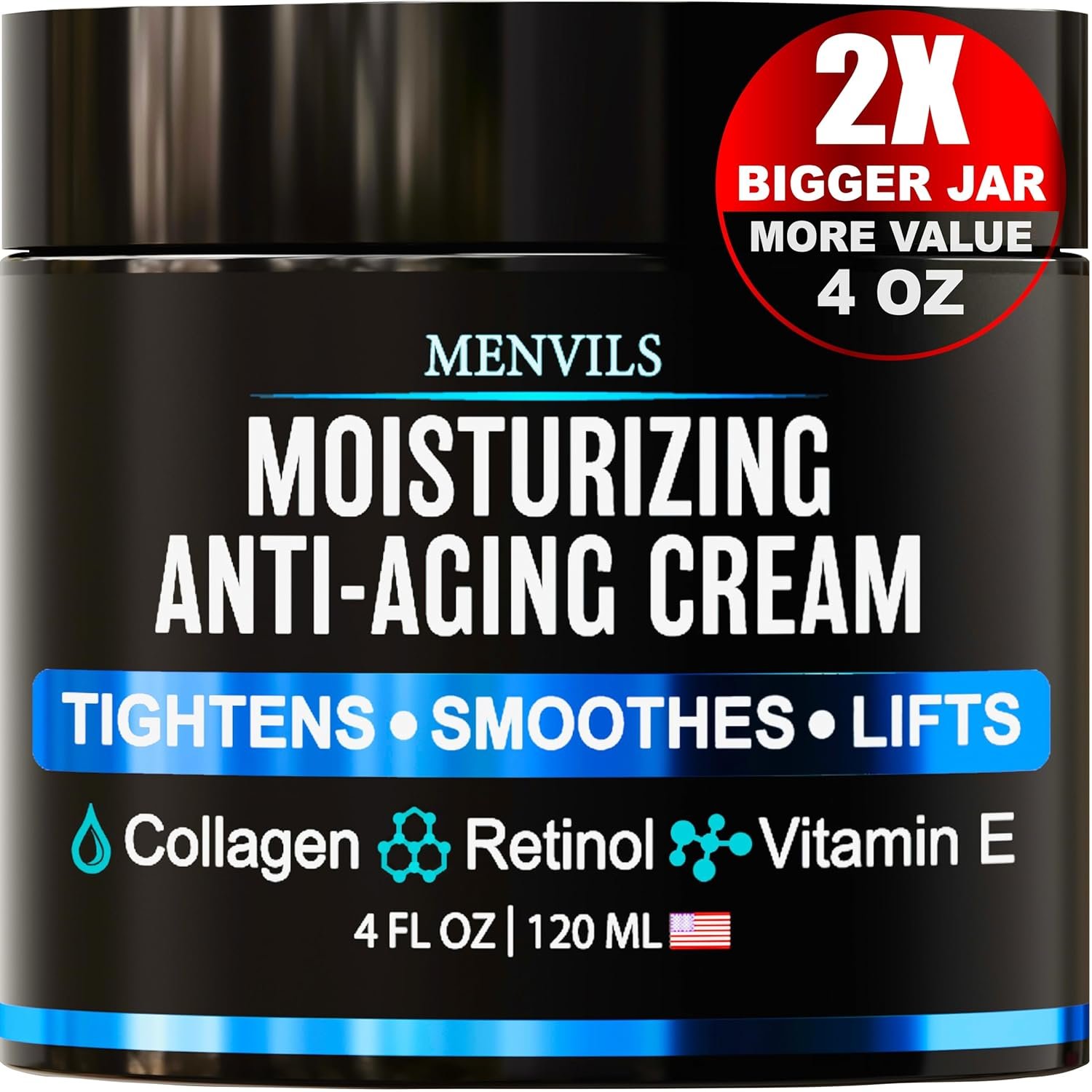 Mens Face Moisturizer Cream – Anti Aging & Wrinkle for Men with Collagen, Retinol, Vitamins E, Jojoba Oil – Face Lotion – Age Facial Skin Care – Eye Wrinkle – Day & Night – 4 oz