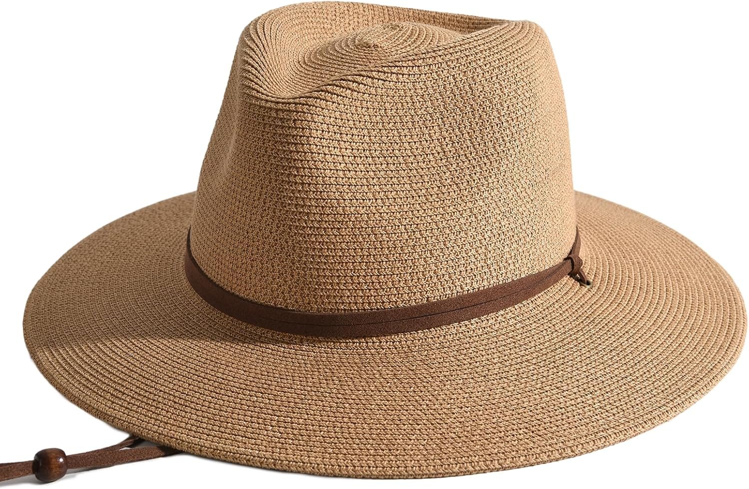 FURTALK Womens Summer Straw Sun Hats Wide Brim Panama Fedora Beach Hat with Wind Lanyard UPF 80+
