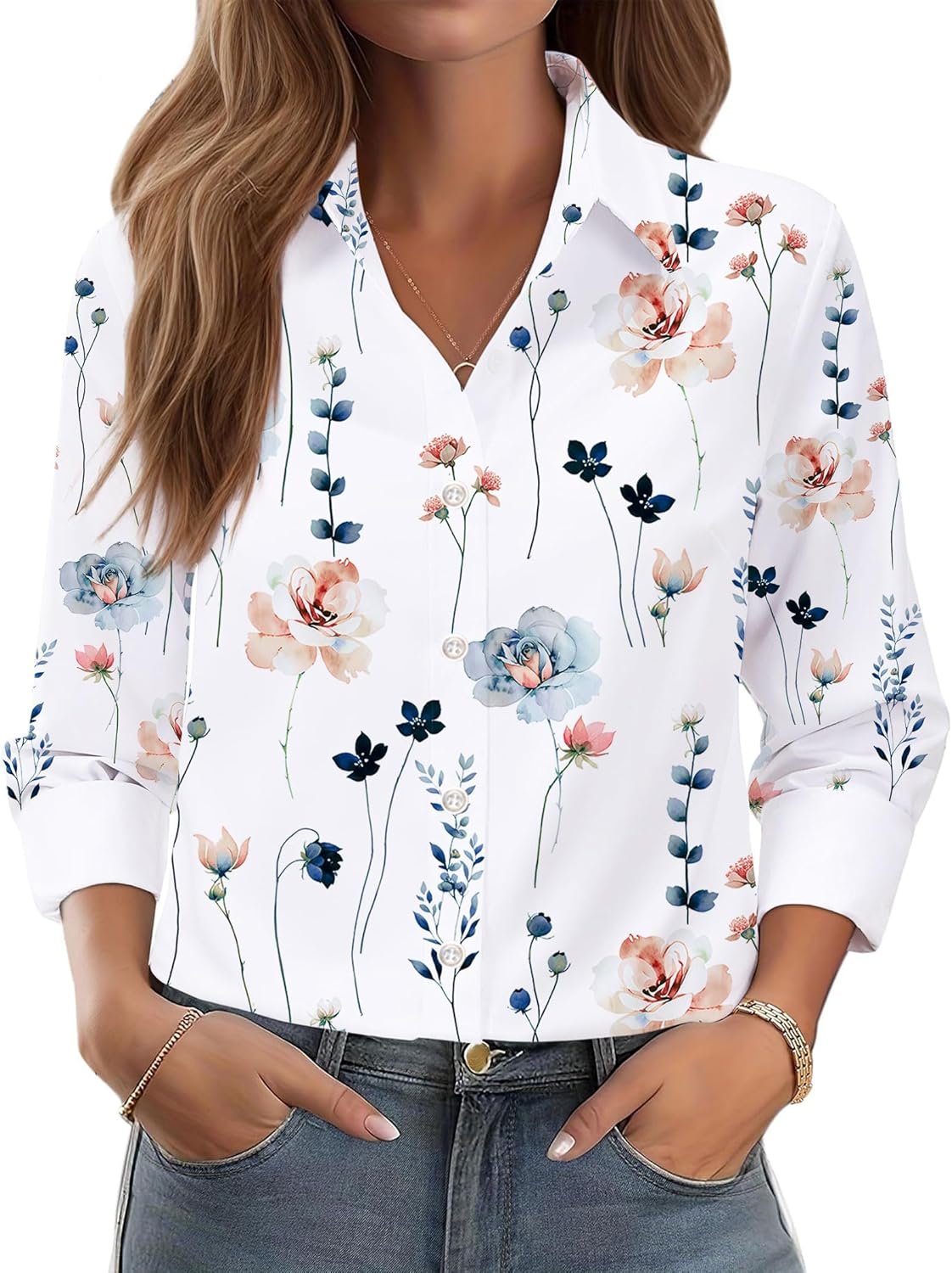 Button Down Long Sleeve Shirts for Women Elegant Floral Print Button Up Business Casual Outfits Trendy Ladies Top and Blouses