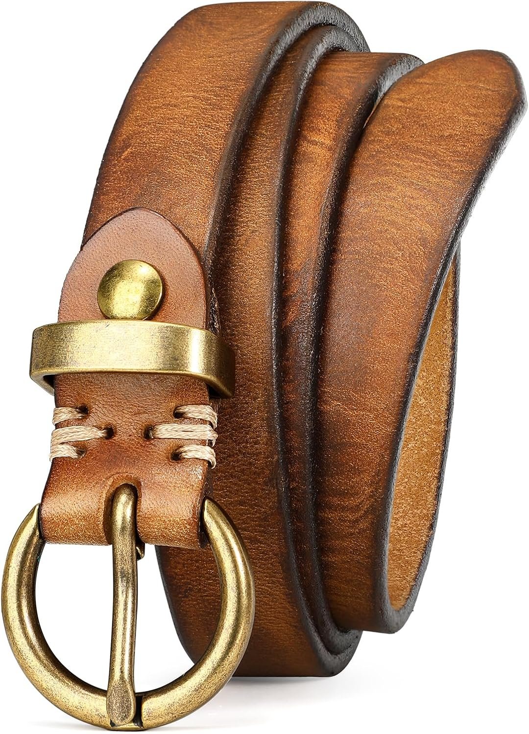 Womens Genuine Leather Belts for Jeans Pants Trendy Vintage Thin Leather Belt Gold Buckle Ladies Skinny Waist Belt