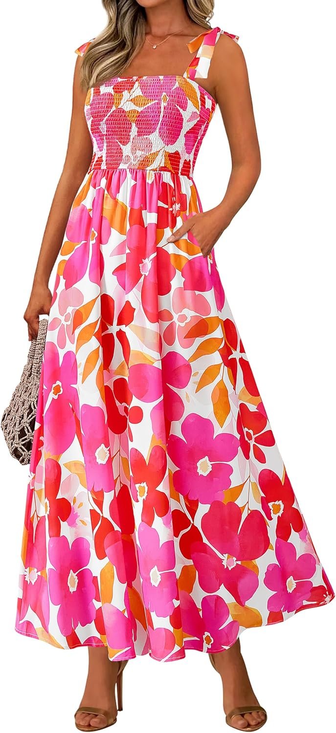 PRETTYGARDEN Womens Summer Dresses Floral Sleeveless Smocked Maxi Dress Boho Spaghetti Strap A Line Flowy Beach Long Sundress