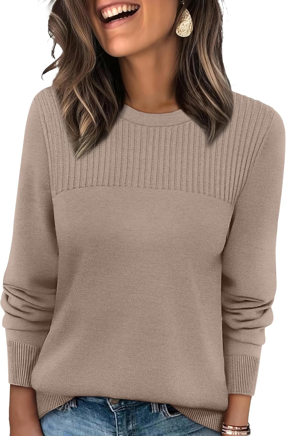 XIEERDUO Sweaters for Women Long Sleeve Shirts Round Neck Ribbed Knit Pullover Sweater Fashion Clothing