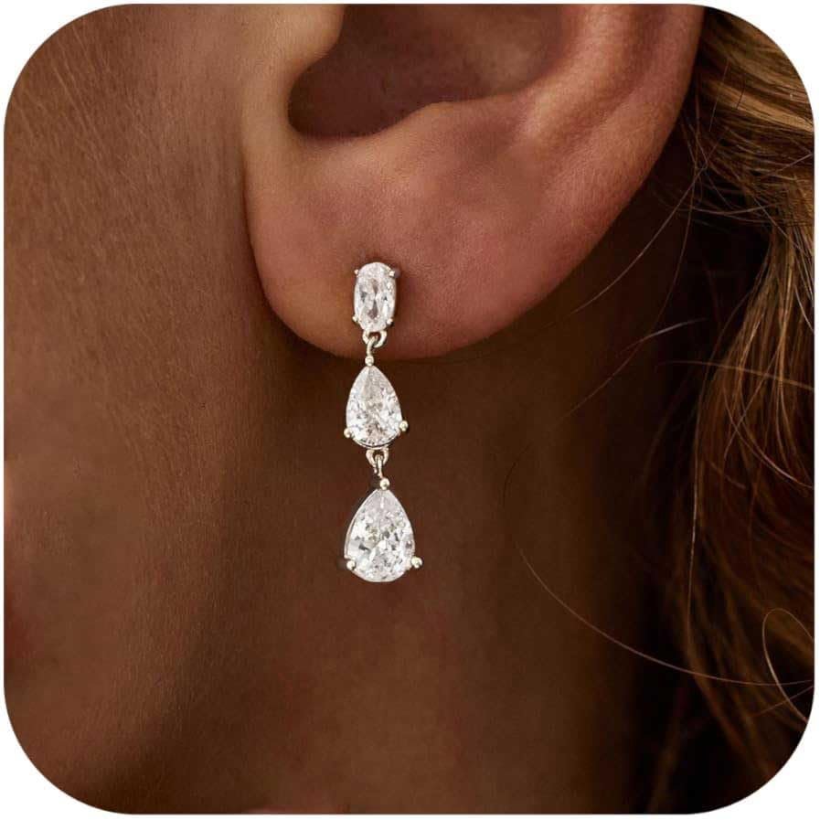 Ewrkbr Dangle Earrings for Women, Elegant Wedding Earrings 14K Gold Plated Long Cubic Zirconia Drop Earrings for Women Trendy Dainty Bridal Earrings Cute Dangly Wedding Jewelry