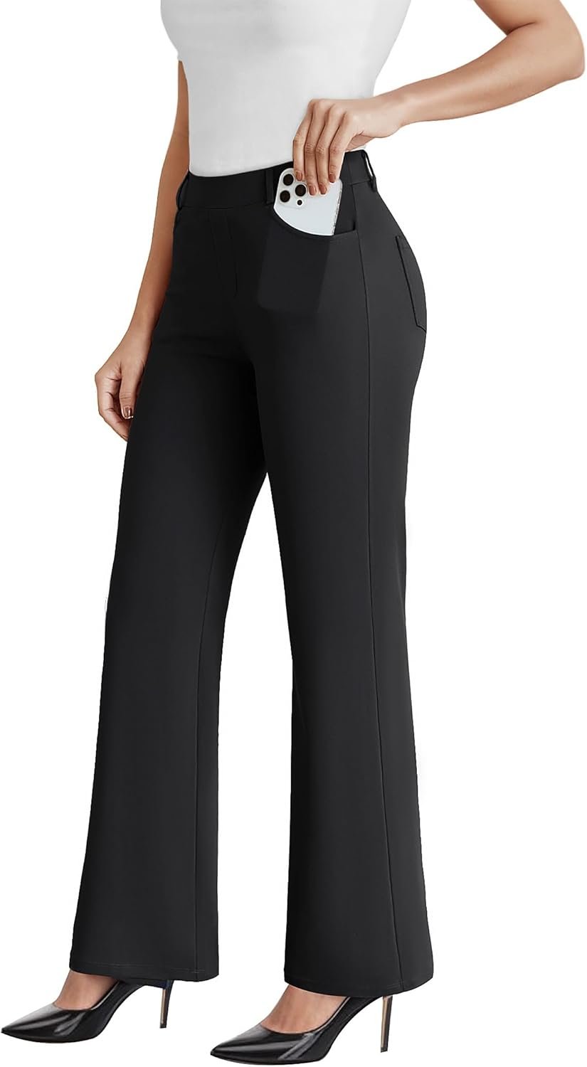 Dress Work Pants Women Business Casual Slack Trousers Stretchy Pull On Office Flare Pants with Pockets