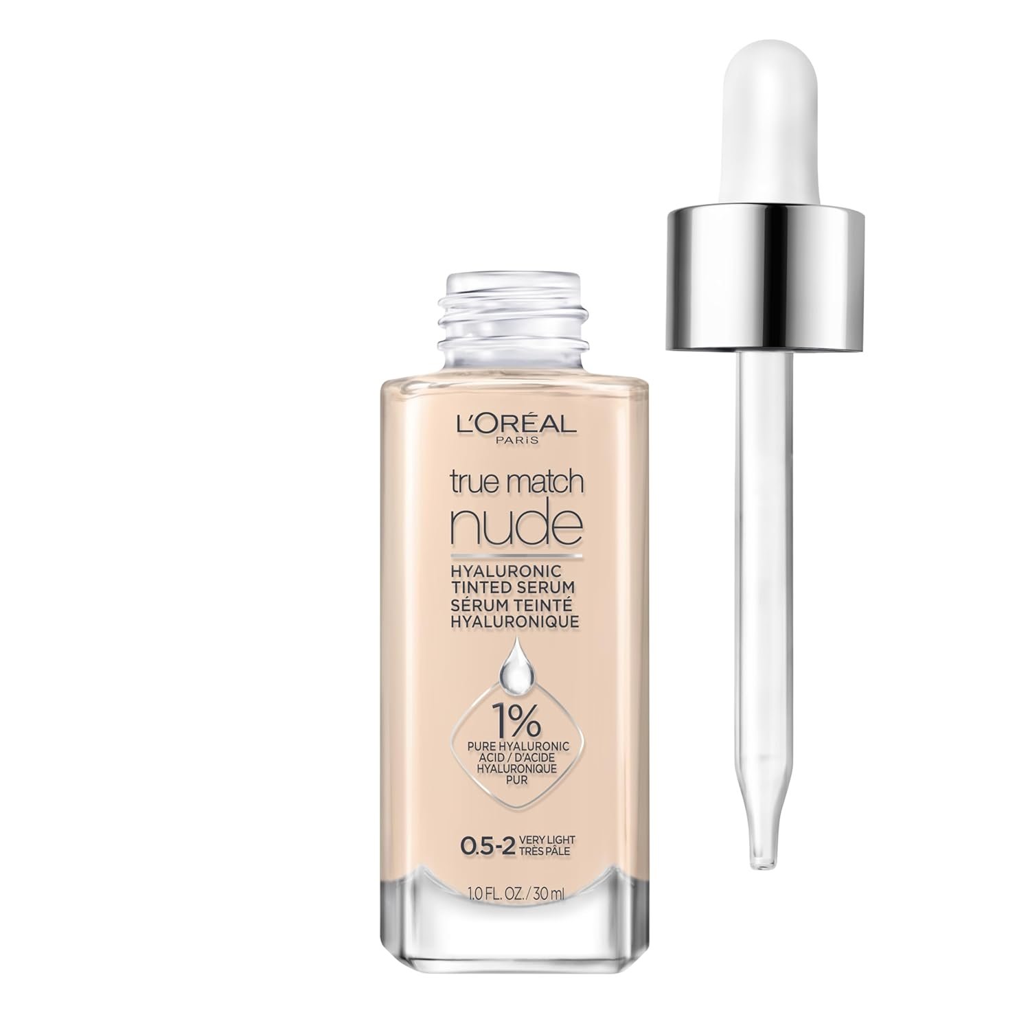 L’Oreal Paris True Match Nude Hyaluronic Tinted Serum Foundation with 1% Hyaluronic acid, Very Light 0.5-2, 1 fl. oz.