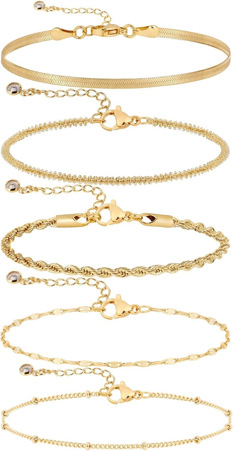 Gold Bracelets for Women, 14K Gold Plated Waterproof Bracelets for Women, Dainty Stackable Adjustable Chain Jewelry Set – Trendy Layered Bracelet Stack Gift, Everyday Wear