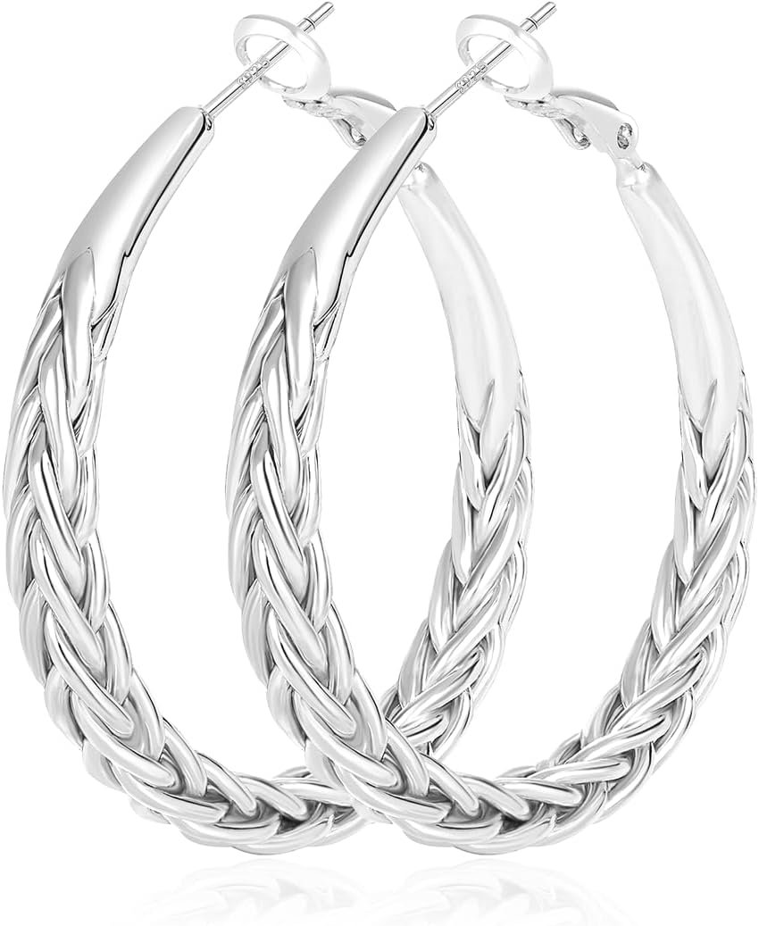 Silver Hoop Earrings for Women Trendy Hypoallergenic 925 Sterling Silver Post Hoop Earrings Thick Twisted Large Silver Hoop Earrings 30/40/50MM