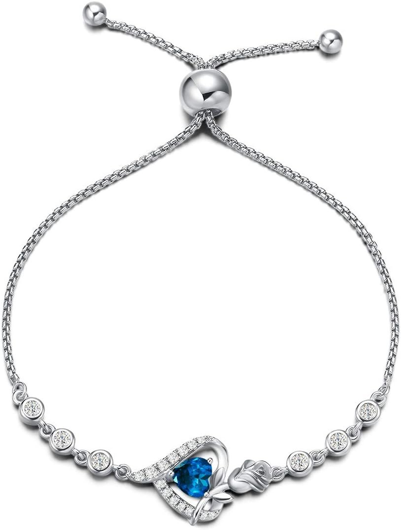 AGVANA Christmas Gifts Rosy Reverie Birthstone Bracelet for Women Sterling Silver Genuine or Created Gemstone Tennis Bracelet Rose Heart Jewelry Anniversary Birthday Gifts for Women Mom Wife Her