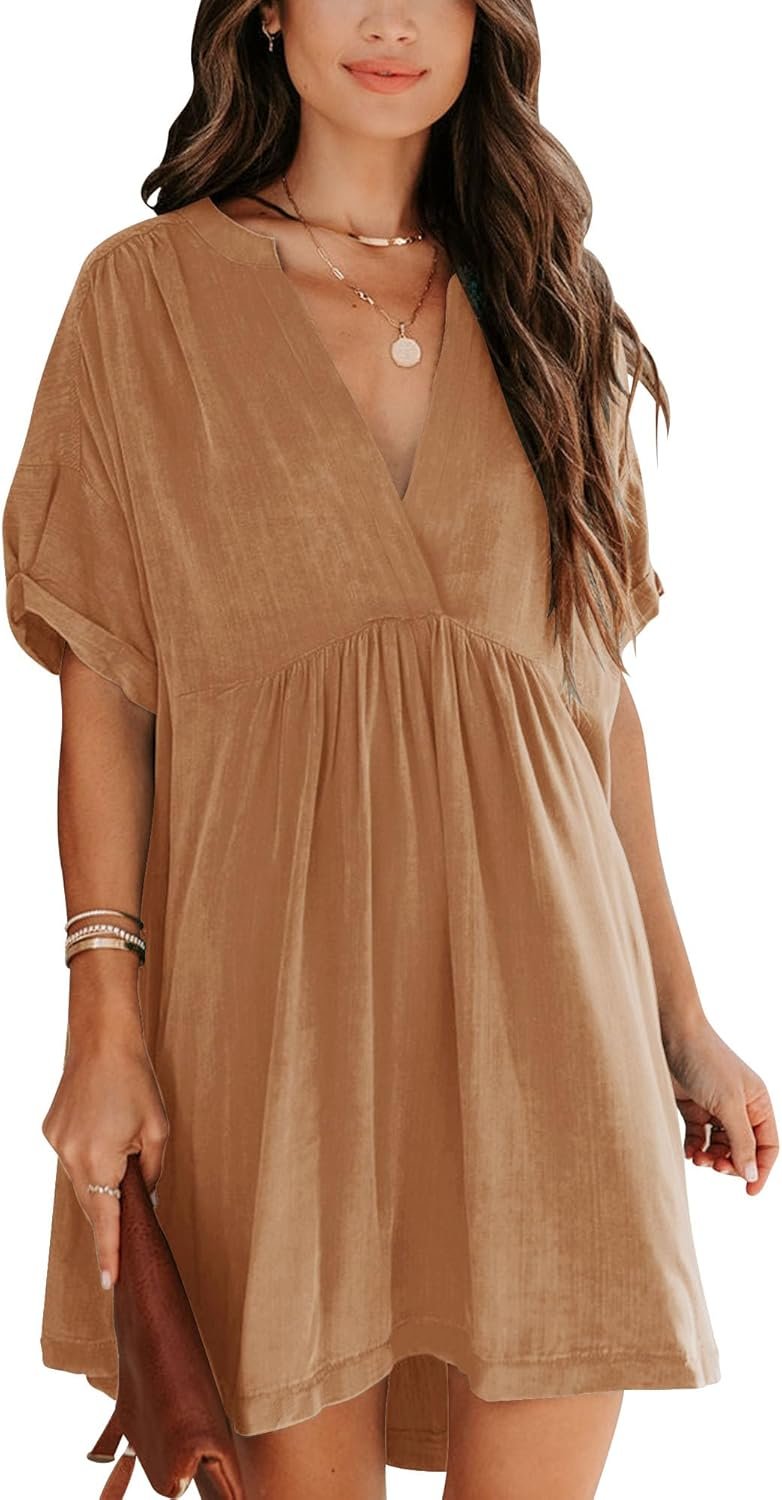 Minclouse Women’s Babydoll Short Sleeve Tunic Dress V Neck Cute Casual Loose Dresses