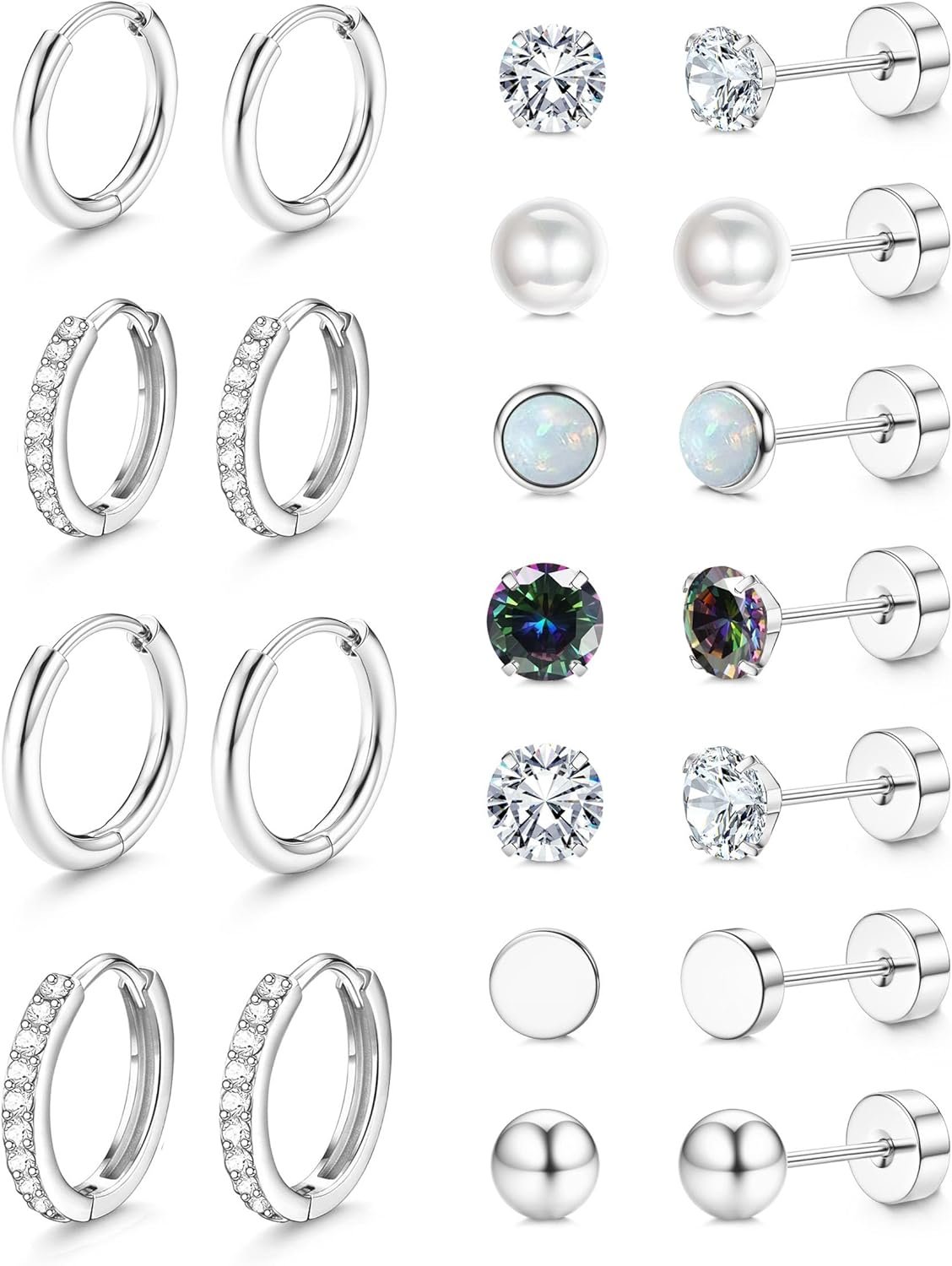 Jstyle Hypoallergenic Stud Hoop Earrings for Women Small Flat Back Surgical Stainless Steel Earrings for Sensitive Ears Trendy Silver Hoops Cartilage Earring Stacks Set Multiple Piercing Jewelry Gifts