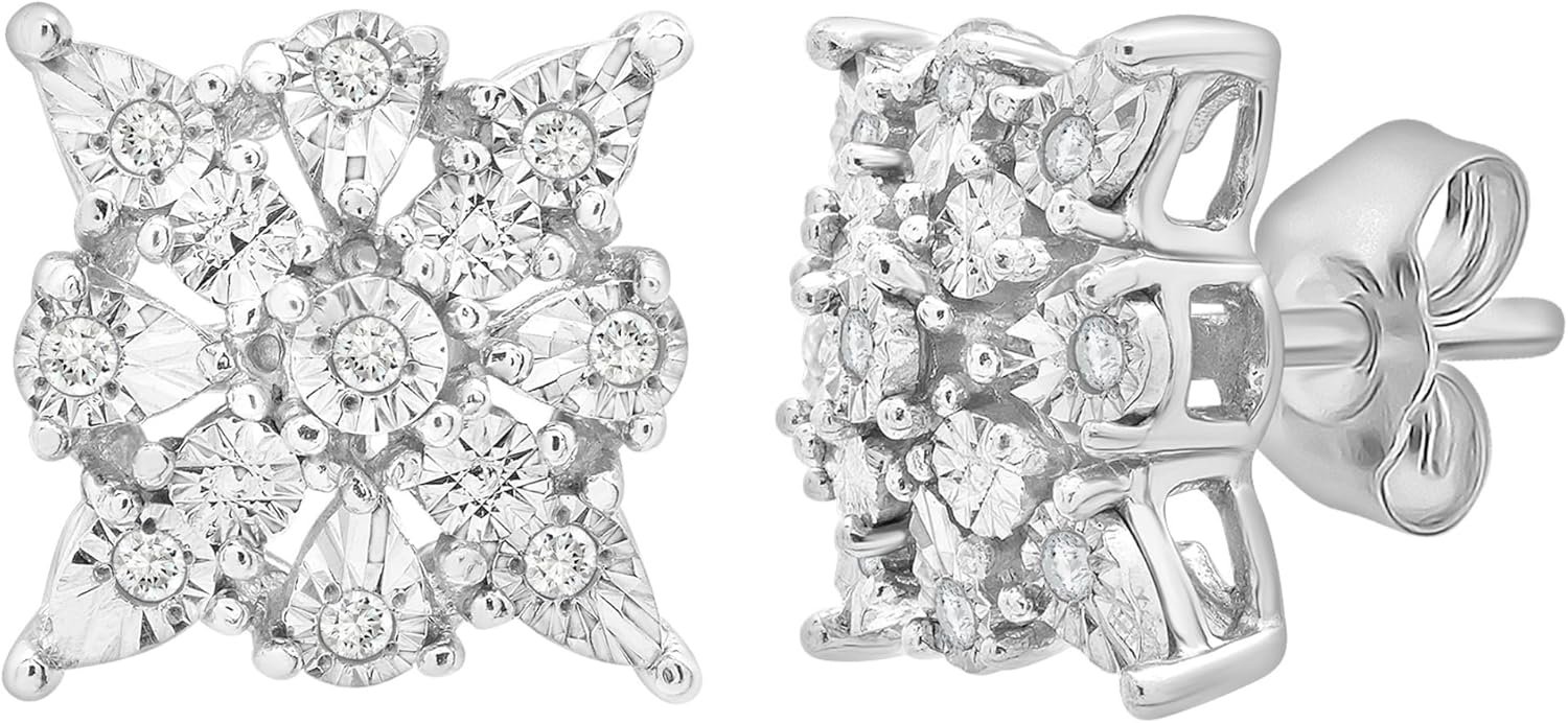 Timeless Love 925 Sterling Silver Cluster Diamond Stud Earrings, 1/10 CTW Natural Round Single Cut Diamond, 13 x 12.7 mm, Friction Posts and Backs, Christmas Gift for Women, Mom, Wife