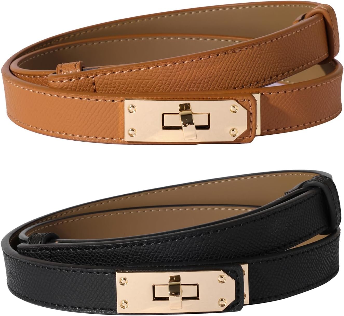 Women Skinny Leather Belt Solid Color Alloy Turn Lock Adjustable Waistband for Dresses Jeans Coats