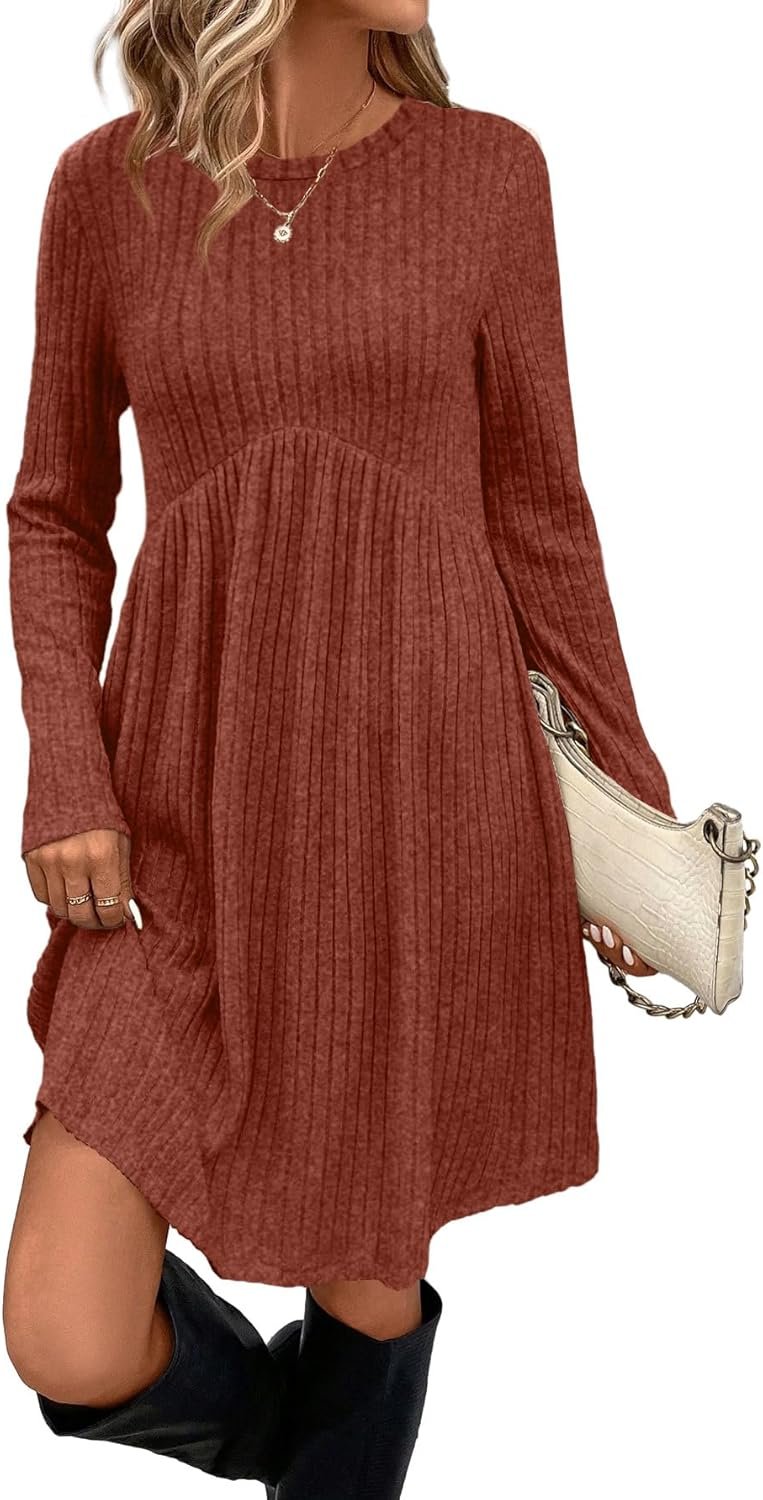 OFEEFAN Long Sleeve Dress for Women Crew Neck Empire Waist Tunic Dress with Pockets