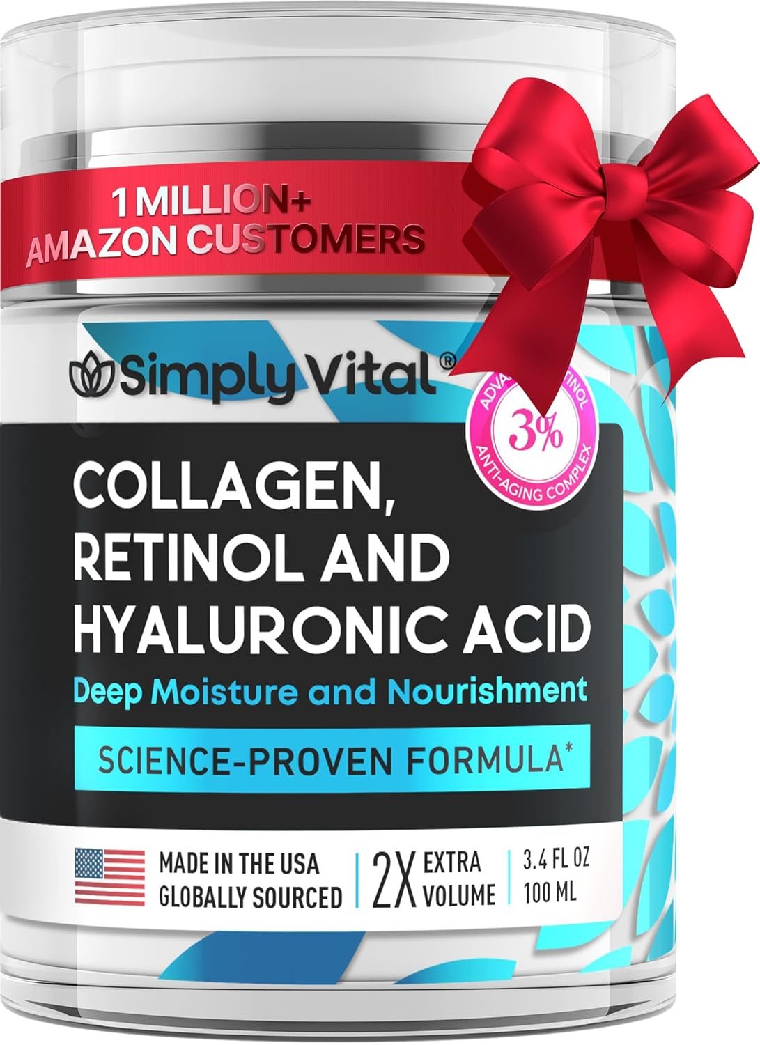 SimplyVital Collagen, Retinol & Hyaluronic Acid Cream – Anti-Aging Retinol Cream for Face, Neck & Décolleté – Made in USA – Daily Moisturizer Face Cream – 3.38 fl oz