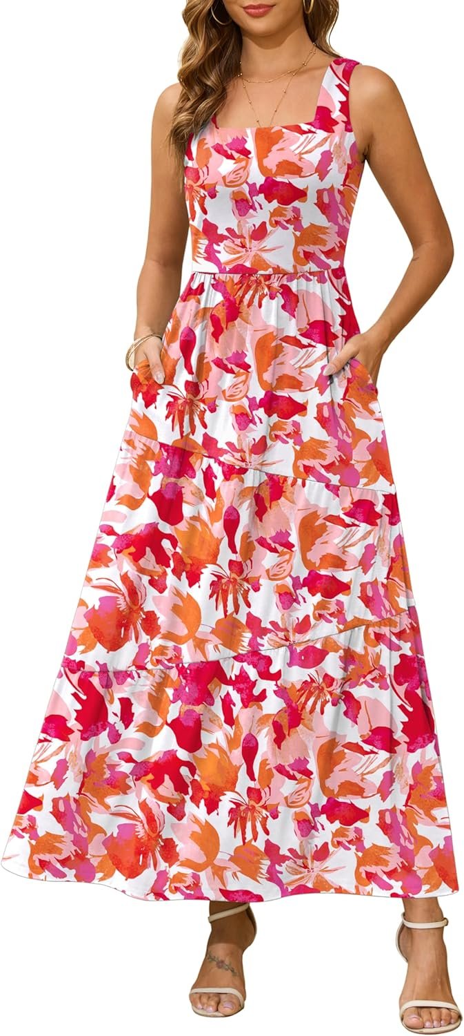 Kranda 2026 Summer Sleeveless Long Beach Sundress Square Neck Tank Top Tiered Maxi Dress with Pockets