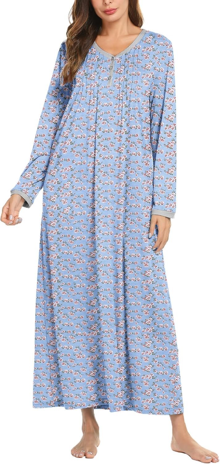 Ekouaer Women’s Long Sleeve Nightgown Full Length Sleepwear Long Sleepshirts Henley Sleep Dress S-4XL