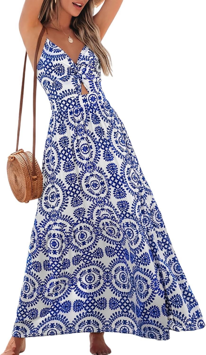 CUPSHE Women’s Maxi Dress Floral Print Twisted V Neck Sleeveless Long Dress Summer Casual Dress