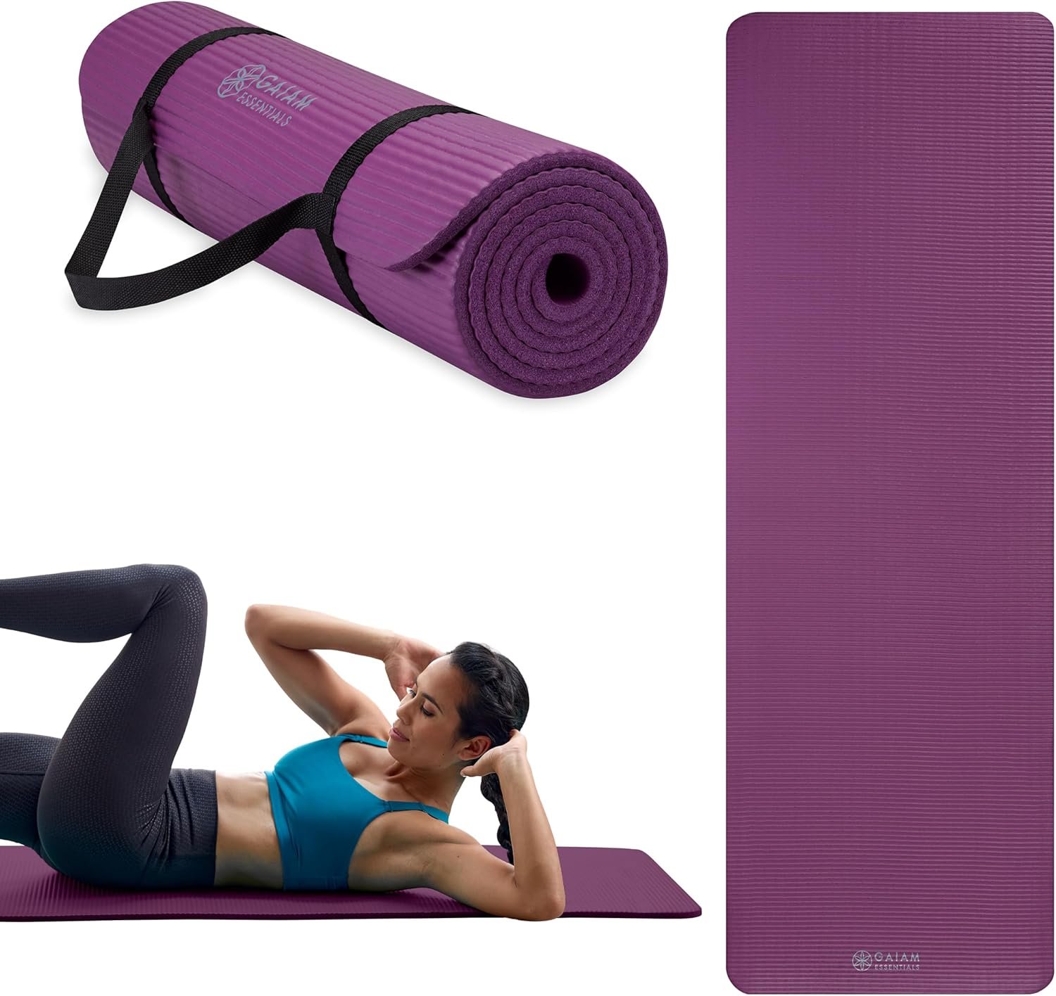 Gaiam Essentials 2/5″ Thick (10mm) Yoga & Pilates, Fitness & Exercise Mat with Easy-Cinch Carrier Strap Cushion Support For Fitness and Gym Workouts