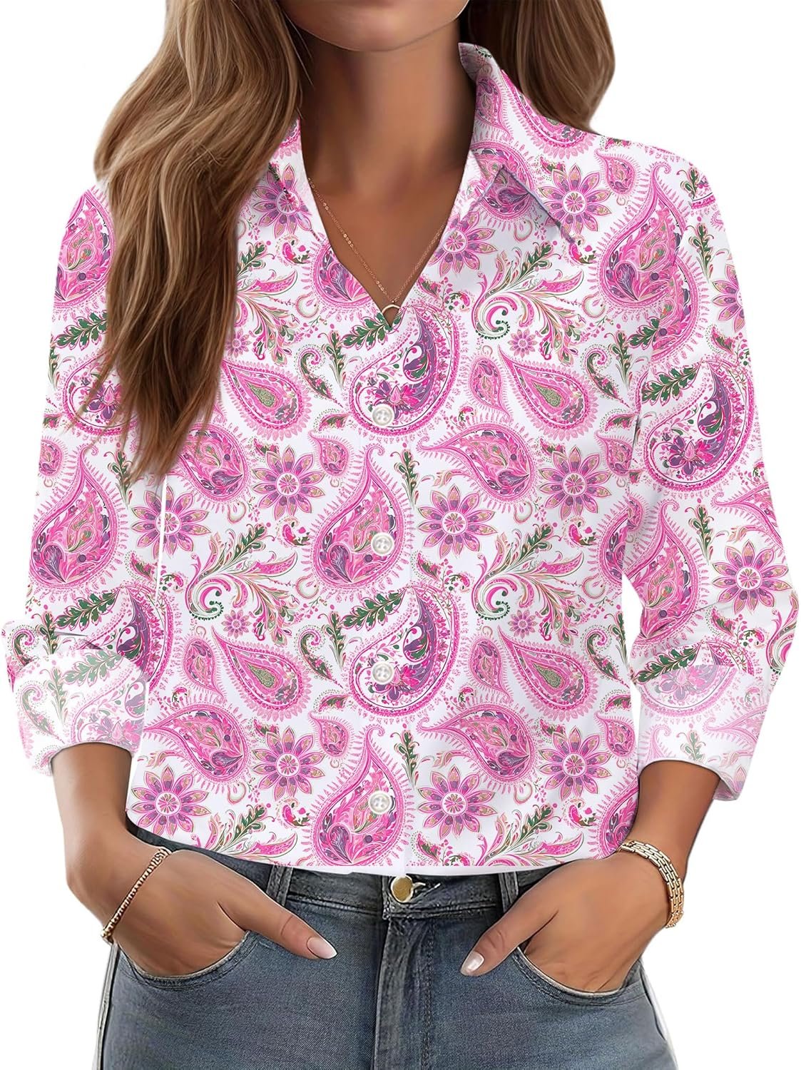 Button Down Long Sleeve Shirts for Women Floral Print Button Up Business Casual Outfits Trendy Ladies Top Blouses